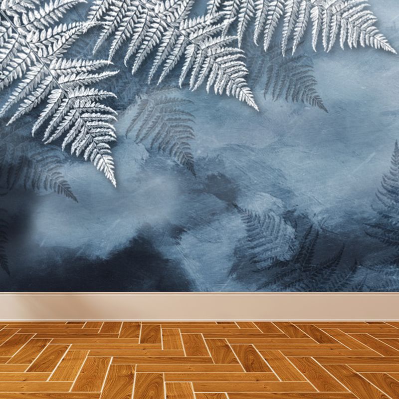 Huge Leaves Pattern Mural for Bedroom Botanical Wall Art in Gray Blue, Stain Resistant