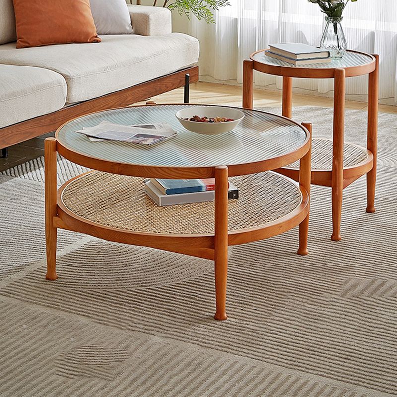 Tropical Round Cocktail Table Storage Solid Wood Coffee Table