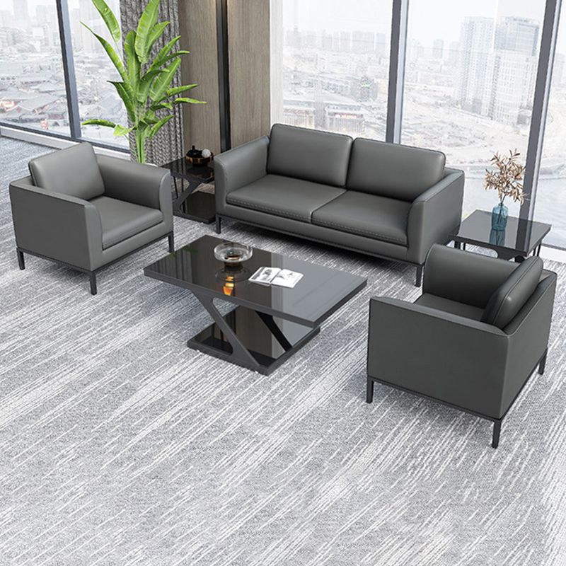 Square Arm Settee Stain-Resistant Leather Couch in Black/Grey