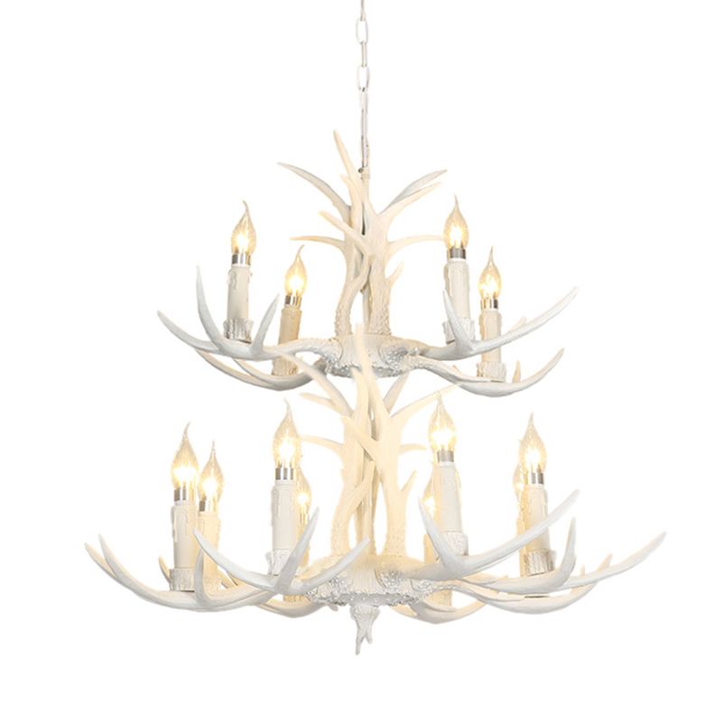 White Deer Horn Shaped Chandelier Lighting Classic Resin Living Room Pendant Light