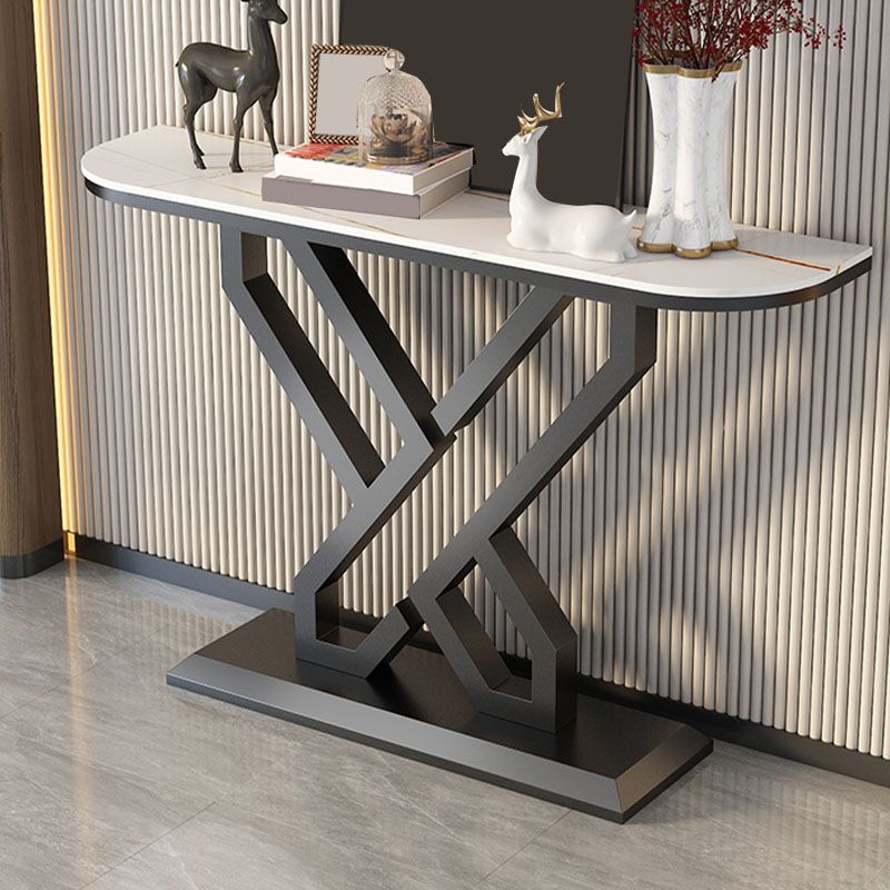 Glam Metal Accent Table Half Moon Stone Sofa Console Table for Hall