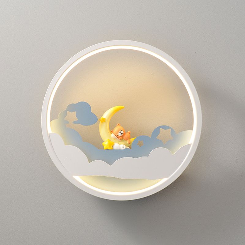 White Cloud Wall Sconce Lighting Contemporary LED Acrylic Ring Wall Lamp Fixture with Girl/Bear/Little Monk Deco