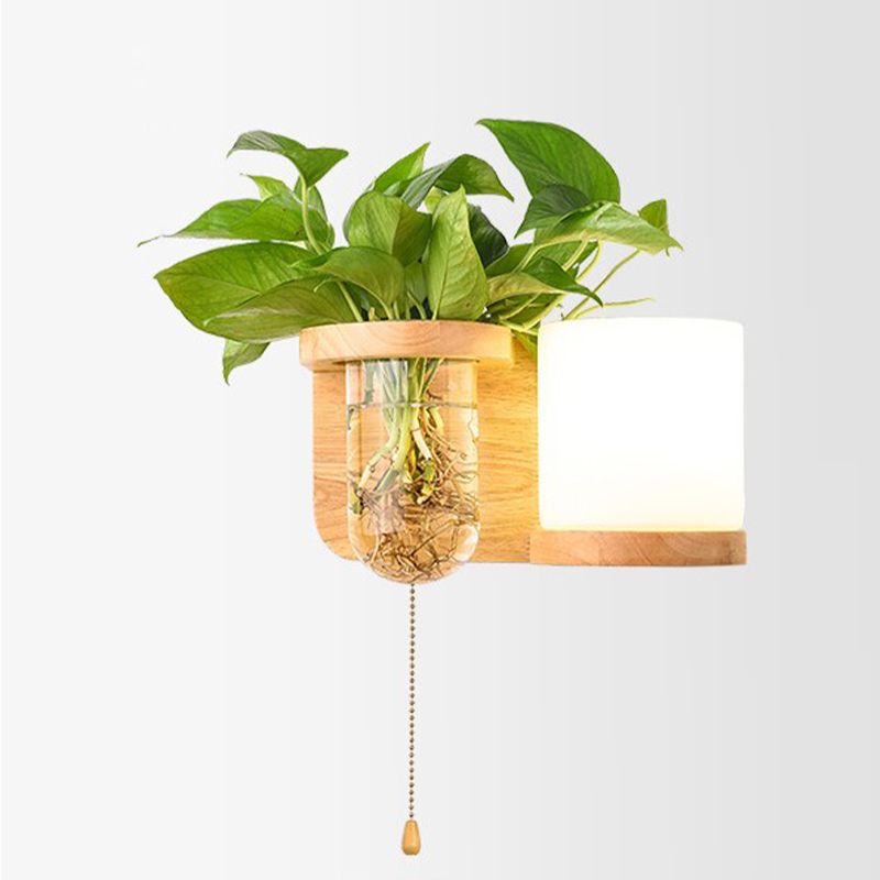 Modern Style Cylinder Shade Wall Light Wood 1 Light Sconces for Living Room without Plant
