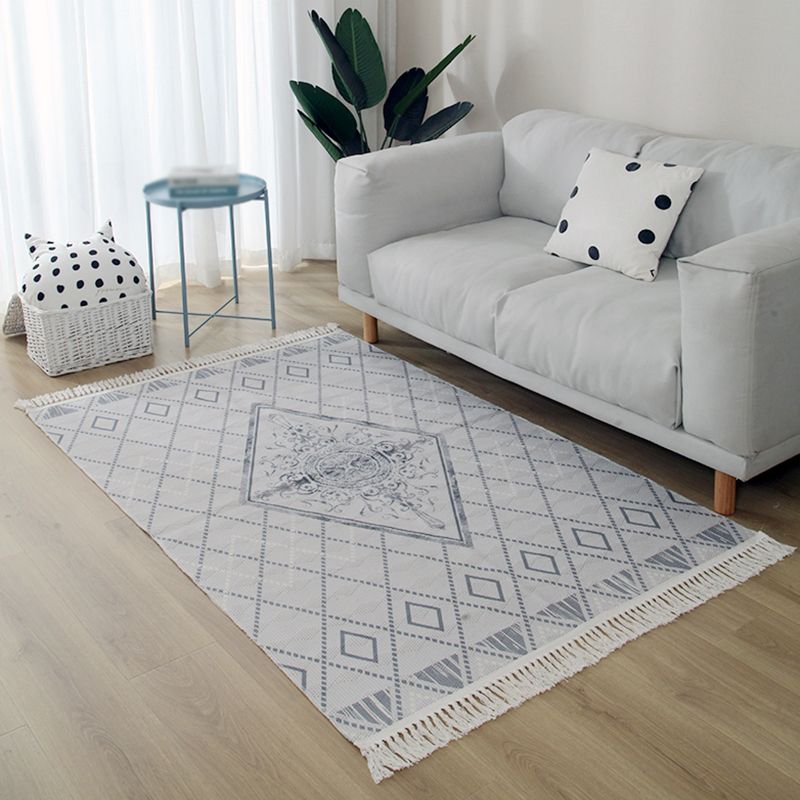 Blue Tone Home Decoration Carpet Eclectic Ethnic Printed Area Rug Cotton with Fringe Rug