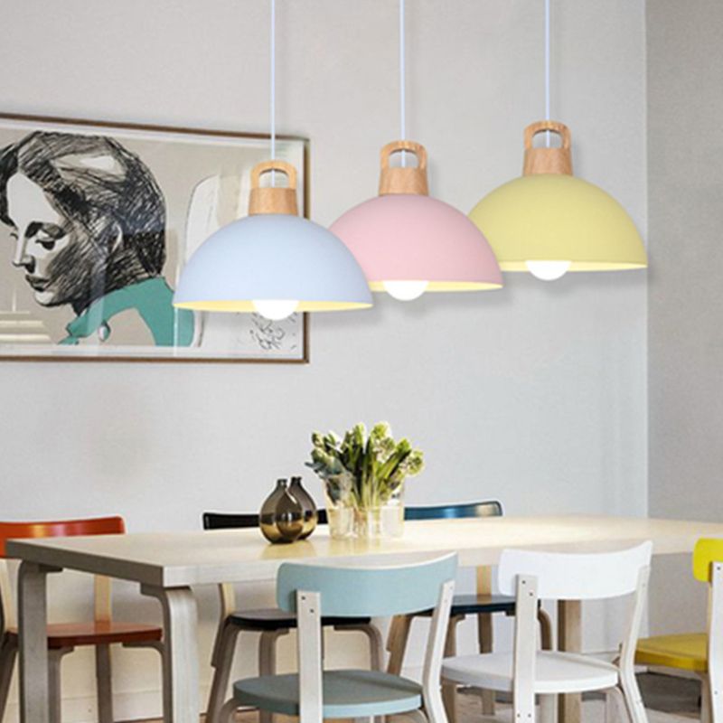 Macaron Style Domed Suspension Lamp Aluminum 1 Head Diner Pendant Light with Wooden Decor