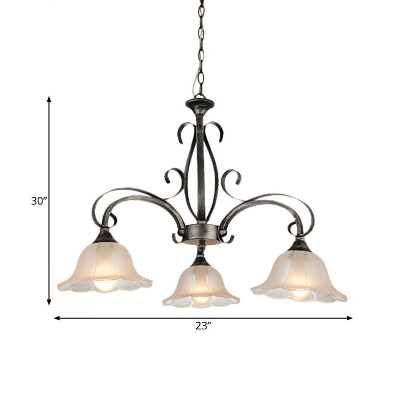 Translucent Glass Floral Pendant Lighting Vintage 3-Head Living Room Chandelier Lamp Fixture in Silver
