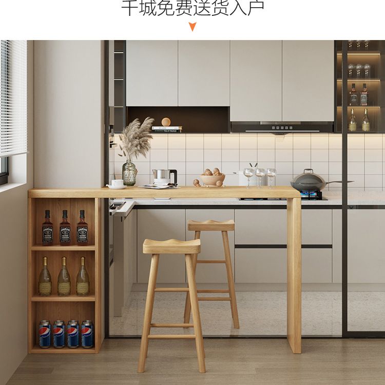 Solid Wood Bar Dining Table Pedestal Rectangle Bistro Bar Table in Natural with Shelves