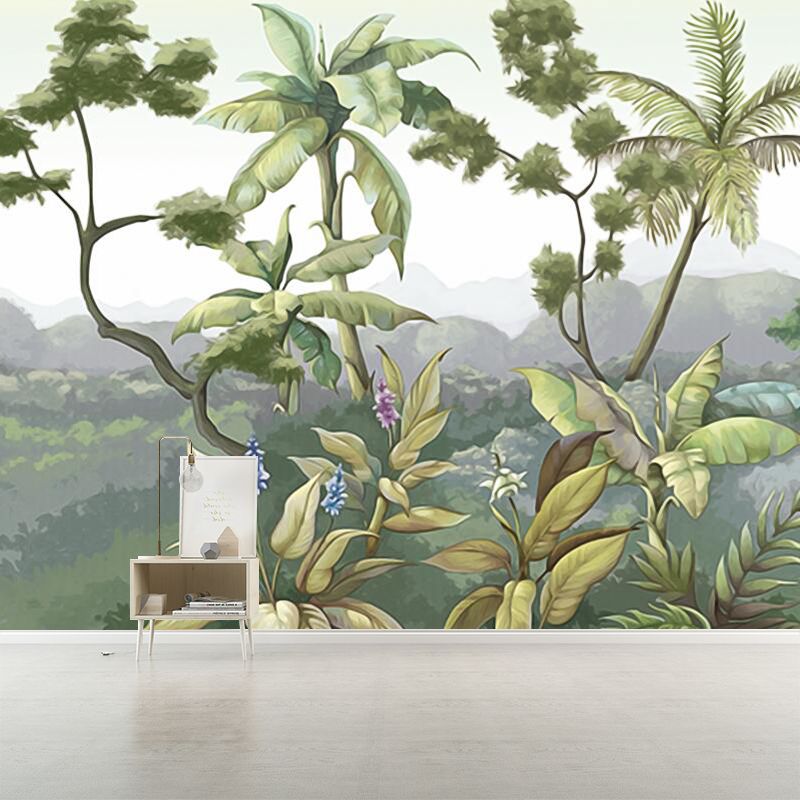 Tropical Plant Mountains Wall Mural Green Moisture Resistant Wall Decor for Home