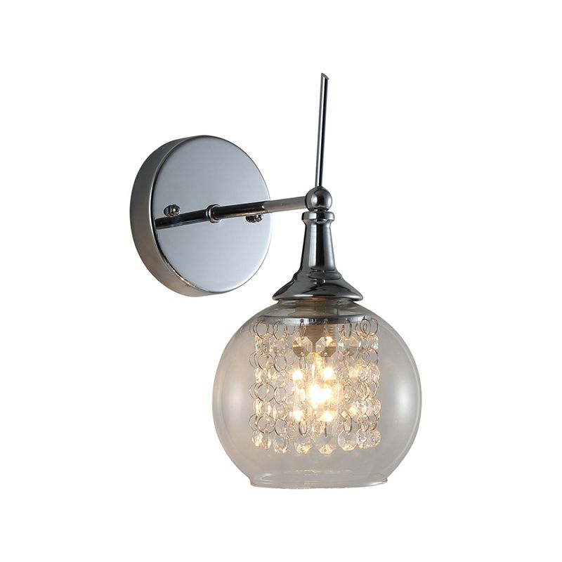 1 Bulb Globe Wall Lamp Contemporary Clear Glass Wall Sconce with Inner Crystal Strand in Chrome Finish