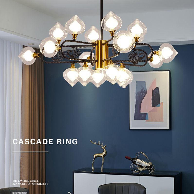 Black-Gold Peach Shaped Chandelier Postmodern 18-Bulb Clear and Frosted Glass Pendant