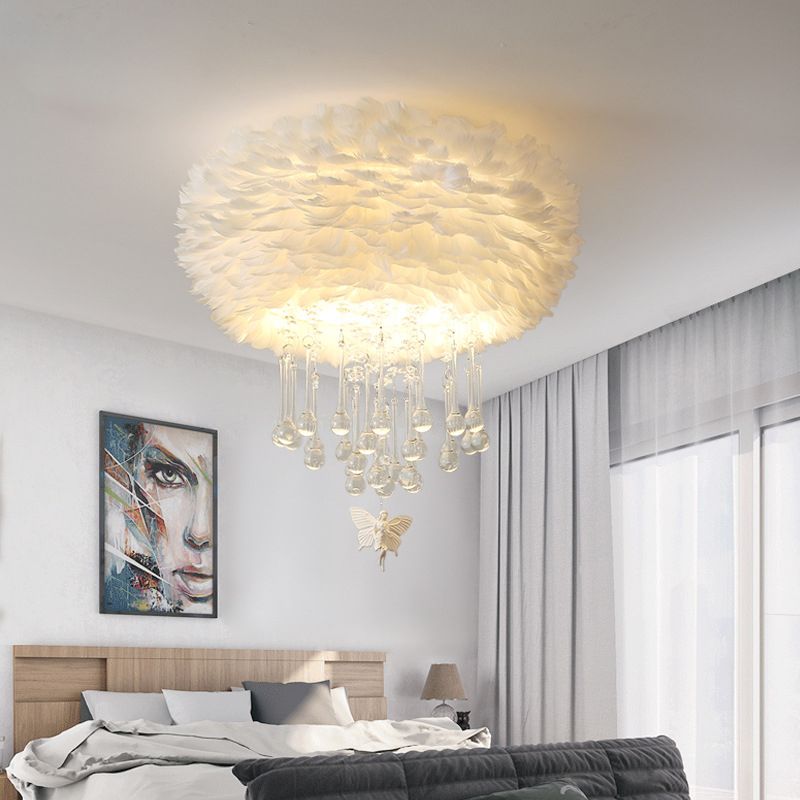 Nordic Cloud Flush Light White/Pink/Black Feather 2/3/4 Lights Bedroom Ceiling Lamp with Crystal Drop, 16"/19.5"/23.5" W