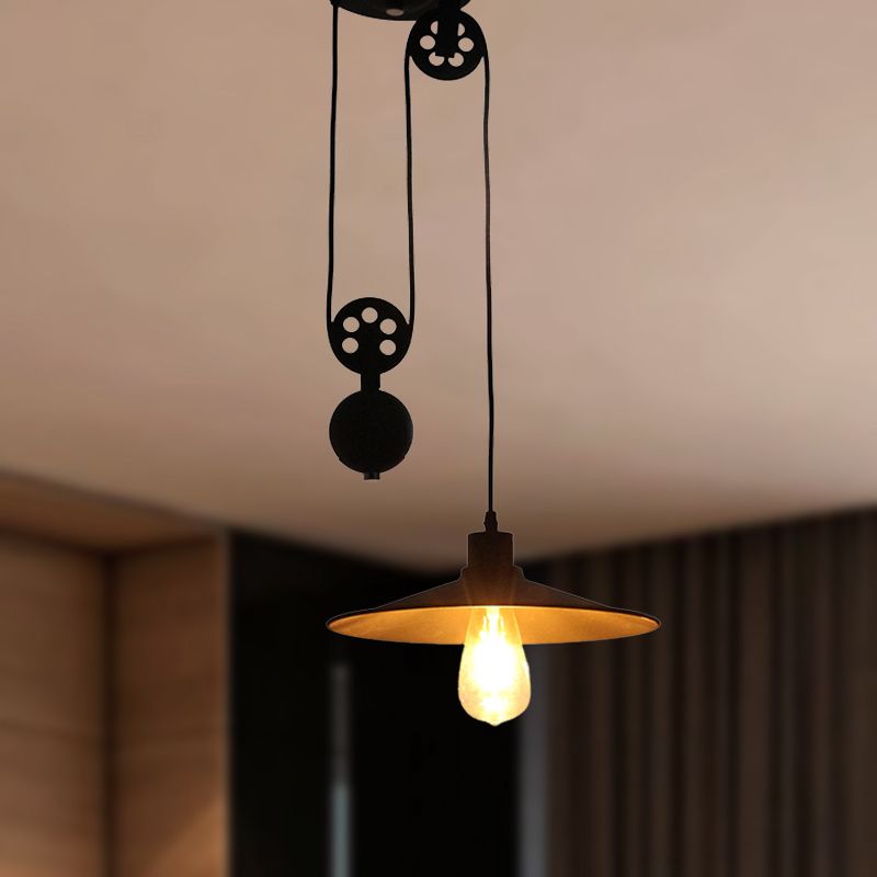 1 Light Pulley Pendant Light with Flared Shade Farmhouse Style Black Metal Hanging Lamp for Indoor