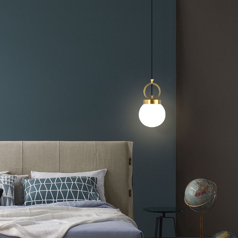 Ball Pendulum Licht eenvoudig opaalglas enkele eetkamer hanger lamp met gouden ringtop