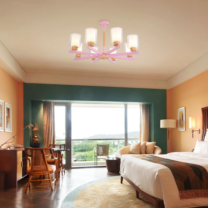 Makkaronzylinder Kronleuchter Anhänger Leicht Milchglas 3/5/6 Lichter hängende Decke Licht in Rosa/Gelb/Grün für Wohnzimmer