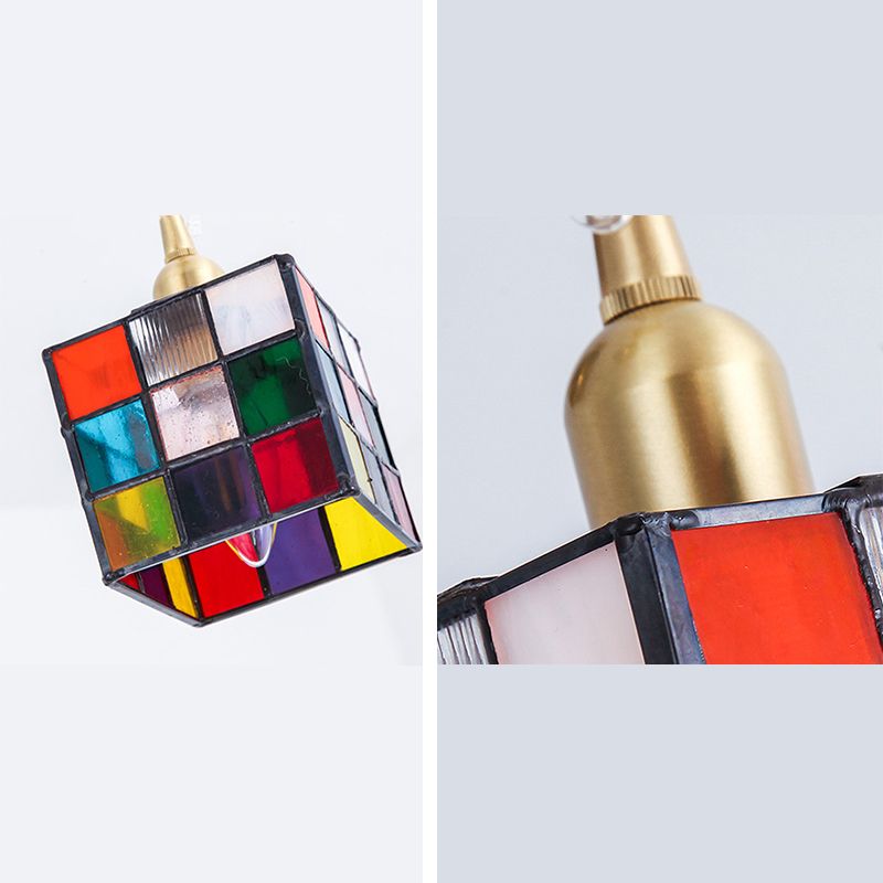 Buntglas quadratischer Anhänger Lampe Tiffany Style 1 Kopf Messing Hängende Leuchte