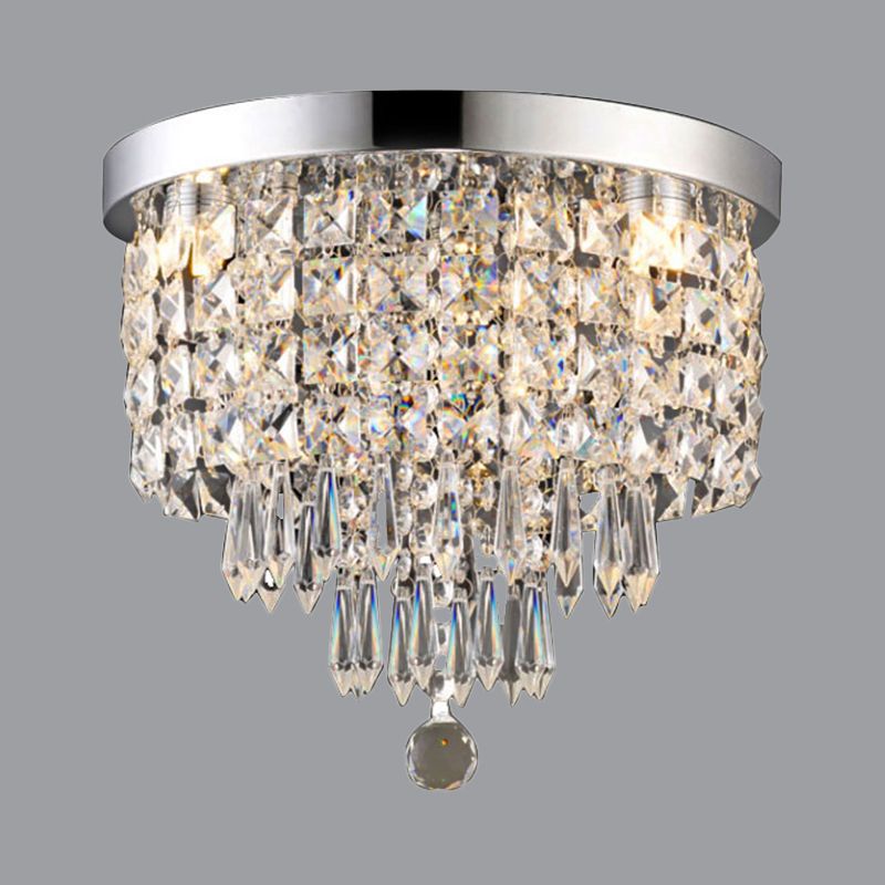 Drum Layered Flush Mount Light Crystal Glam Ceiling Light Fixture in Chrome