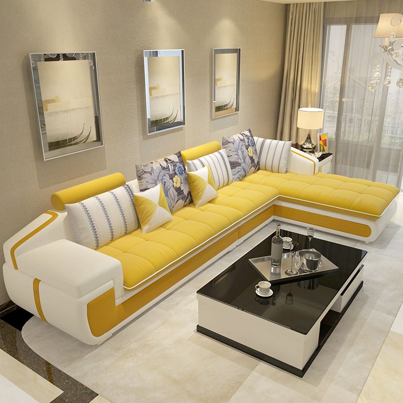 L-Shape Sofa Pillowed Back Cushions Square Arm Sectionals for Four People