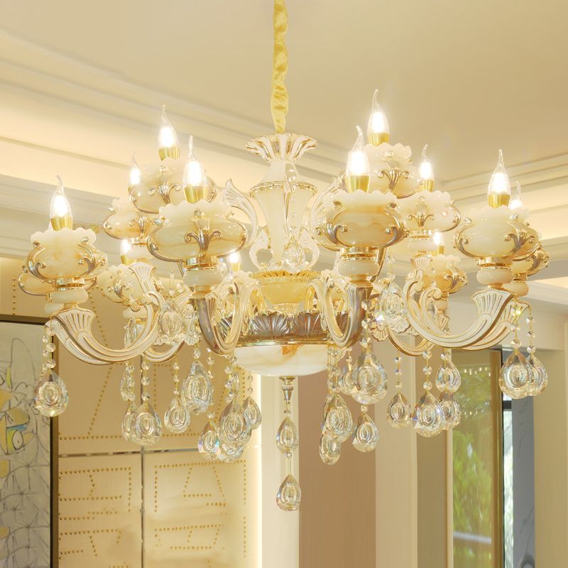 Gold Floral Ruffle Ceiling Lighting Traditional Jade Living Room Chandelier Light with Crystal Draping