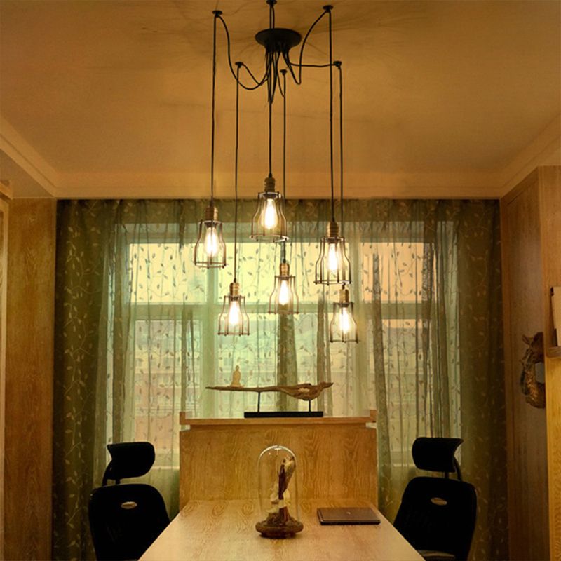 6/10 Bulbs Pendant Lamp Vintage Stylish Metal Swag Ceiling Fixture with Wire Guard in Black for Dining Room