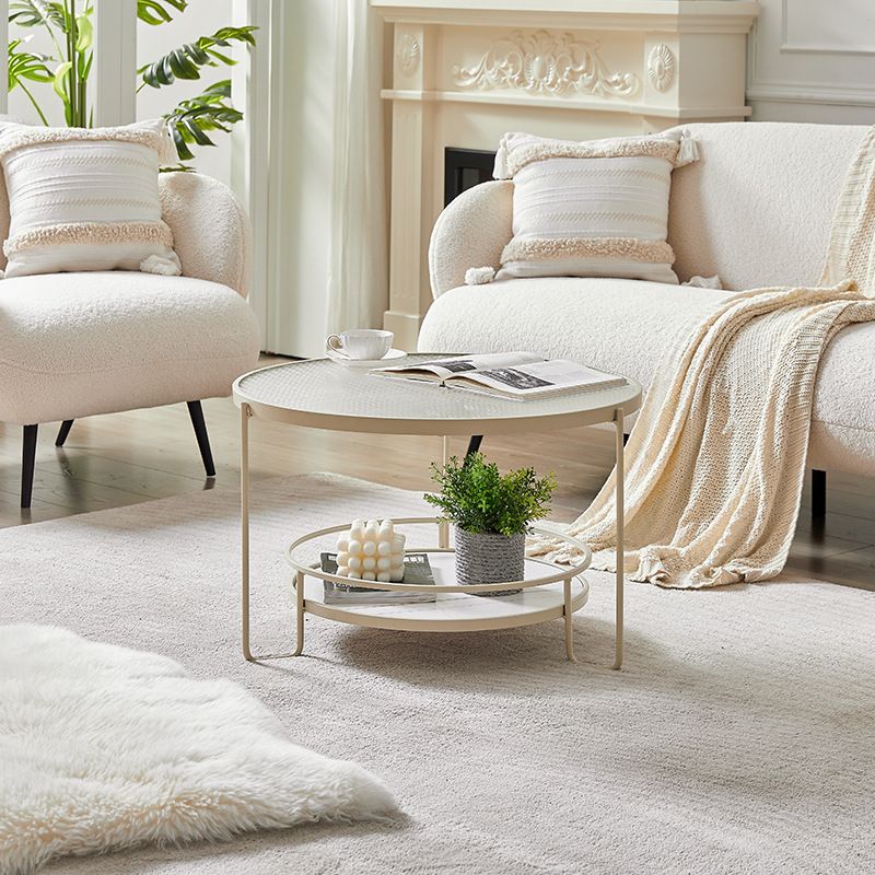 Contemporary Round Coffee Table with Glass Top and Stone Shelf