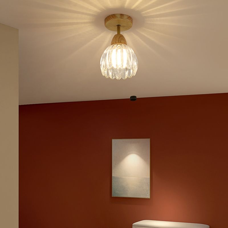 Nordic Flush Mount Flower Ceiling Light Fixture with Wood and Glass for Hallway