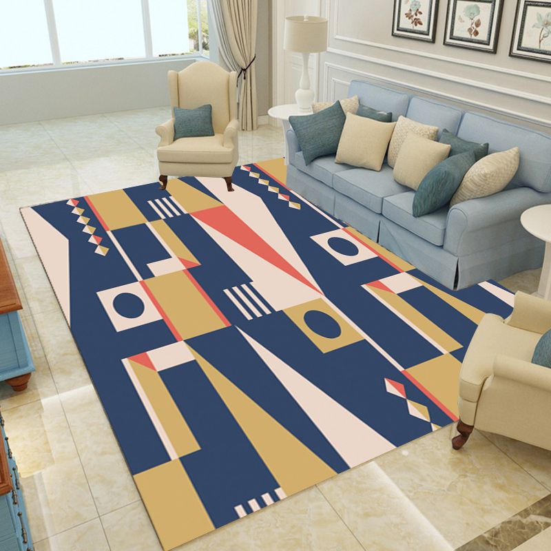 Casual Modern Rug in Blue and Yellow Colorblock Geometry Pattern Rug Polyester Non-Slip Carpet for Home Decoration