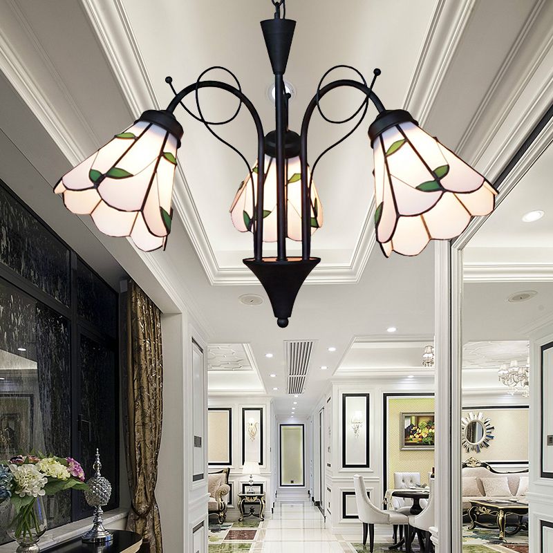 Cône de verre beige Lumière suspendue avec feuille traditionnelle 3 lustre de plafond léger pour le salon