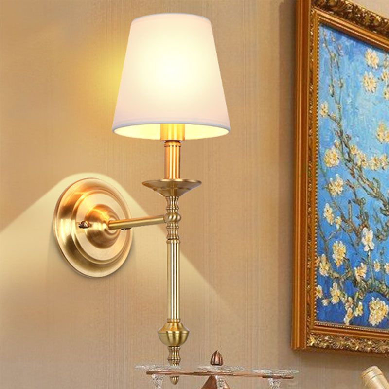 Brass Cone Wall Light Fixture Retro White Fabric Shade 1/2 Bulbs Dining Room Wall Sconce Lighting