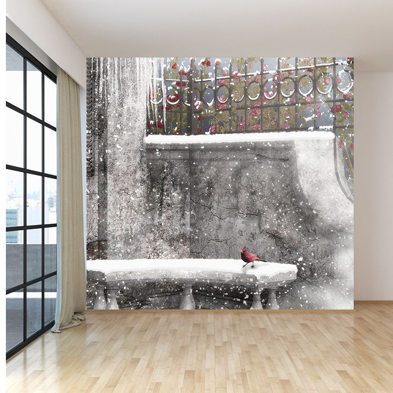 Gray Modern Mural Wallpaper Huge Yard Snow-Covered Landscape Wall Decor for Dining Room