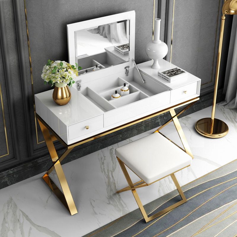 Contemporary White With Stool Mirror Bedroom Metallic Make-up Vanity