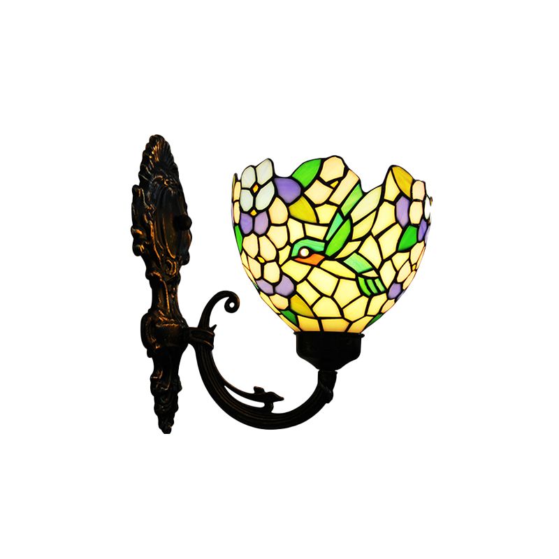 1-Light Sconce Light Baroque Flower Hand Cut Glass Wall Mounted Lighting in Bronze with Swirl Arm