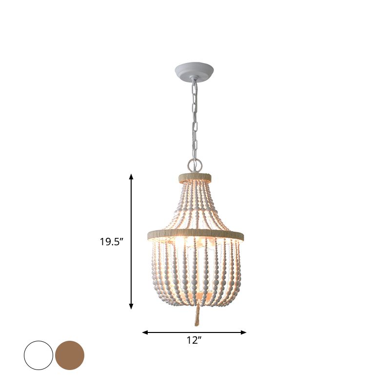 Rural Beaded Basket Chandelier Lamp 2-Head Wood Pendant Light Fixture for Restaurant