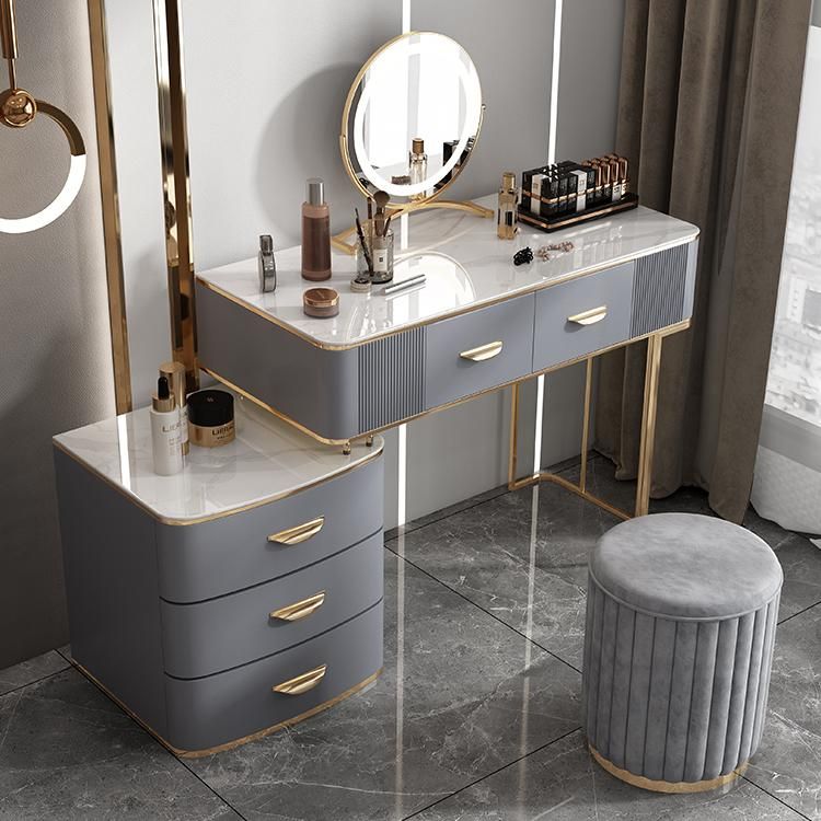Solid Wood Drawers Vanity Set with Stone Top & Padded Stool in Grey