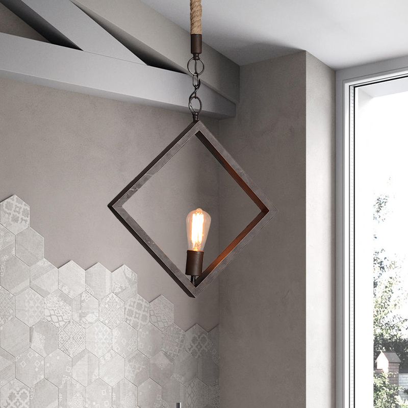 Zwart frame vierkante plafondverlichting antieke stijl metaal 1 licht binnen plafond armatuur met touw