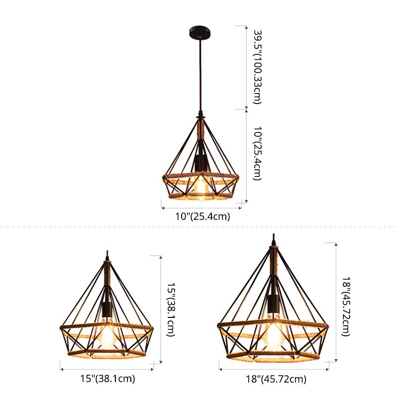 Black Rope Geometric Cage Ceiling Light Industrial Loft Hanging Light for Dining Room