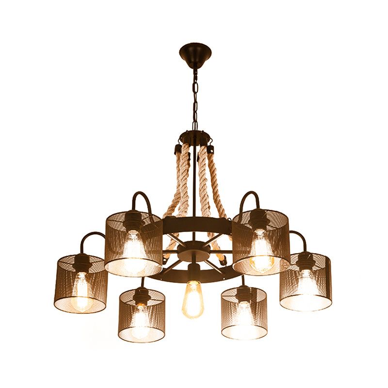 Cylinder Mesh Metal Shade Chandelier Lampe Vintage Style 6 Heads Restaurant Hanging Light in Beige