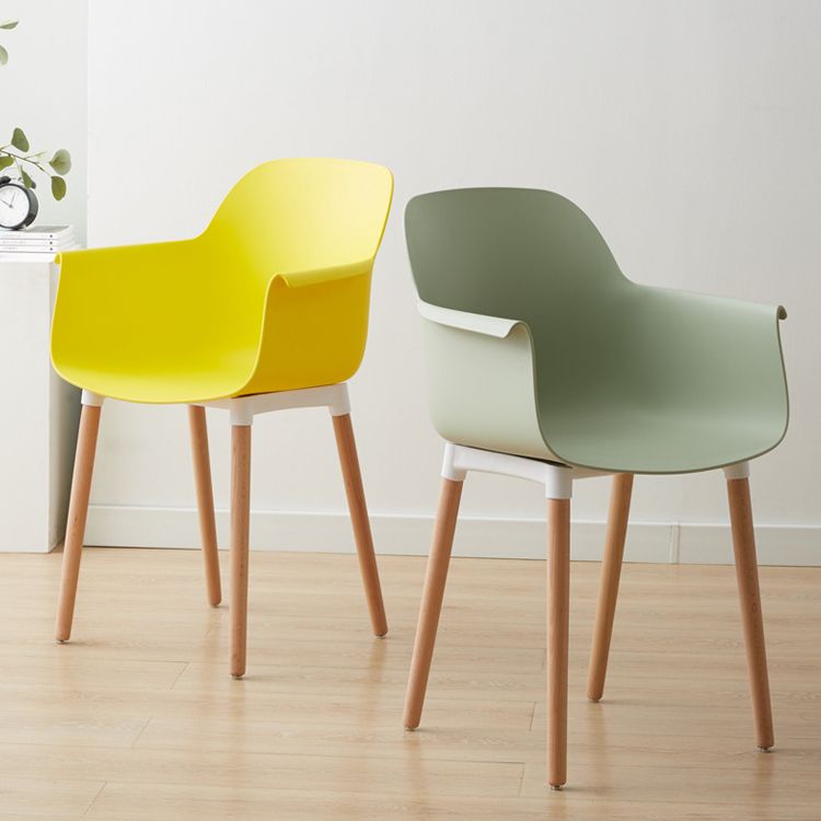 Scandinavian Dining Arm Chairs Plastic Armchairs with Wood Legs (Set of 4)