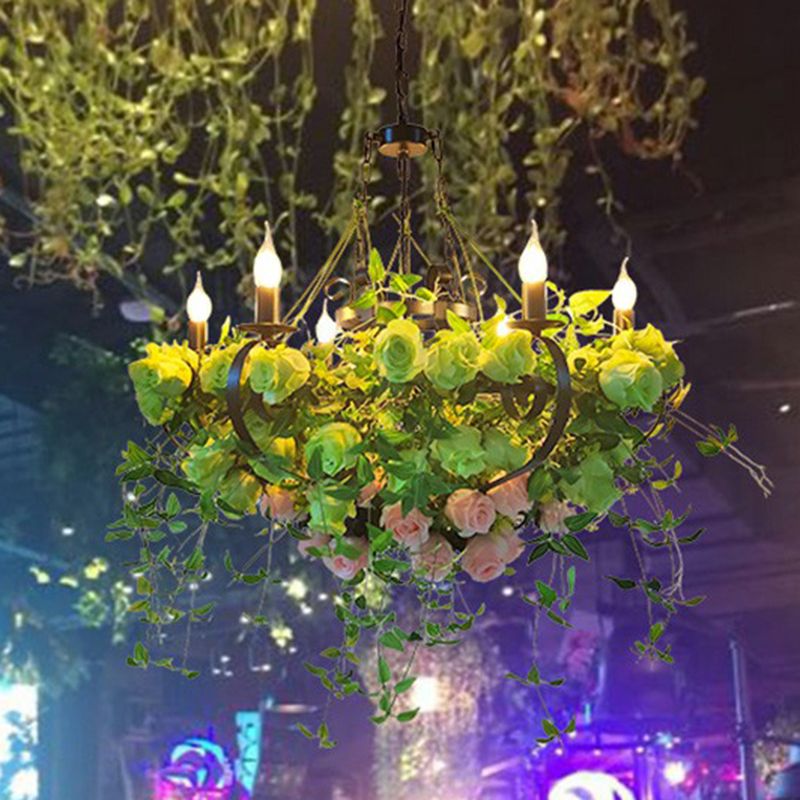 Green Circle Pendant Chandelier Rustic Metal Restaurant de plafond suspendu avec décor de plante d'art