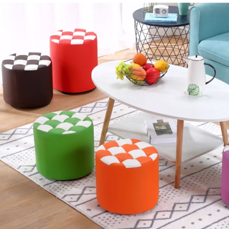 Contemporary Pouf Ottoman Faux Leather Tufted Square Pattern Cylinder Shape Ottoman