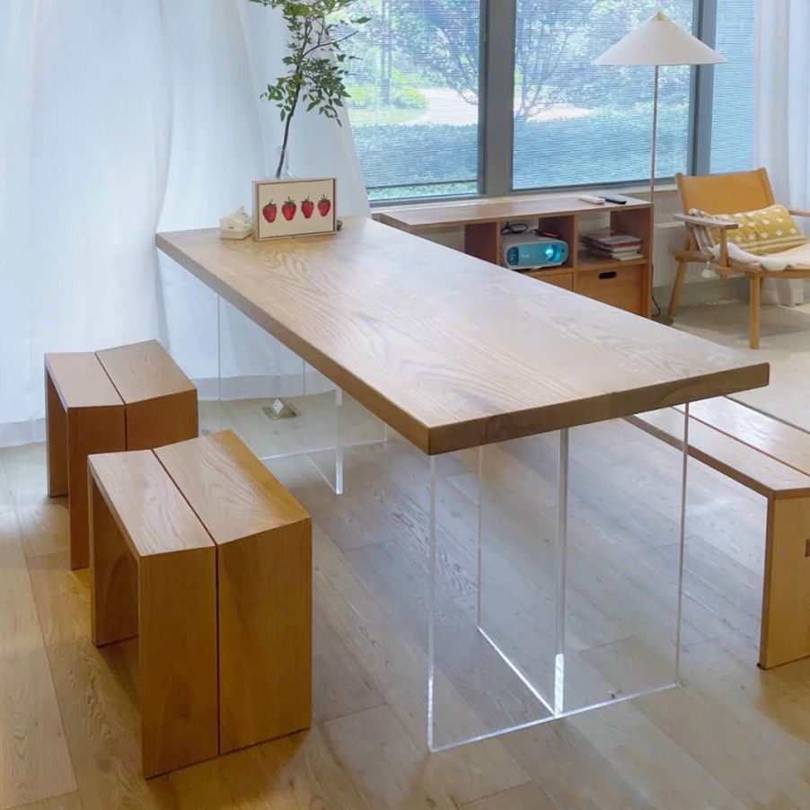 Rectangle Pine Wood Dining Table Modern Kitchen Table with Acrylic Double Pedestal