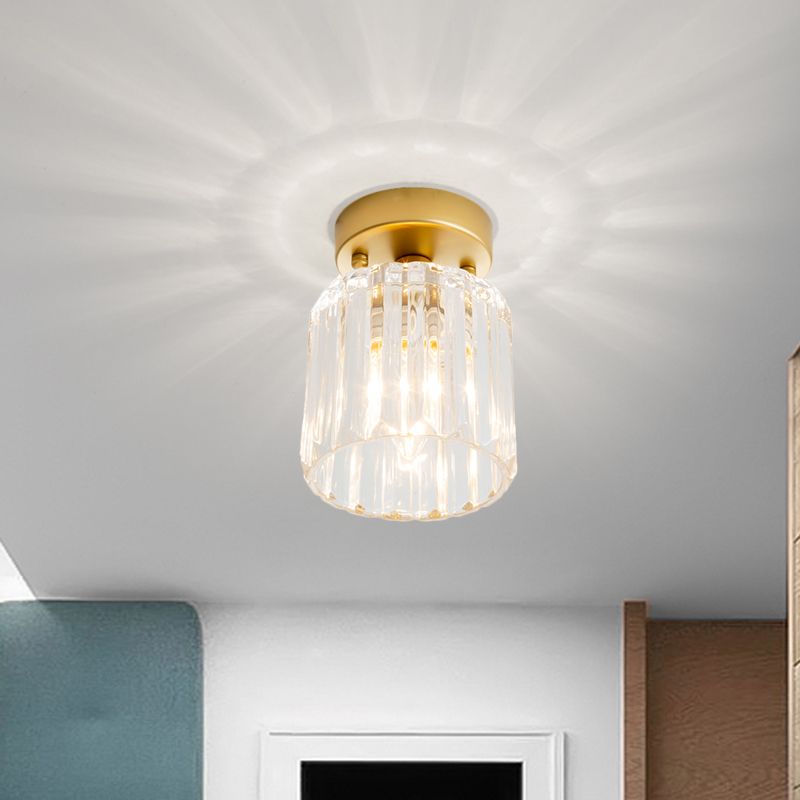 Farmhouse Cylindrical Ceiling Flush Single Head Clear Ridged Glass Flush Light Fixture in Brass