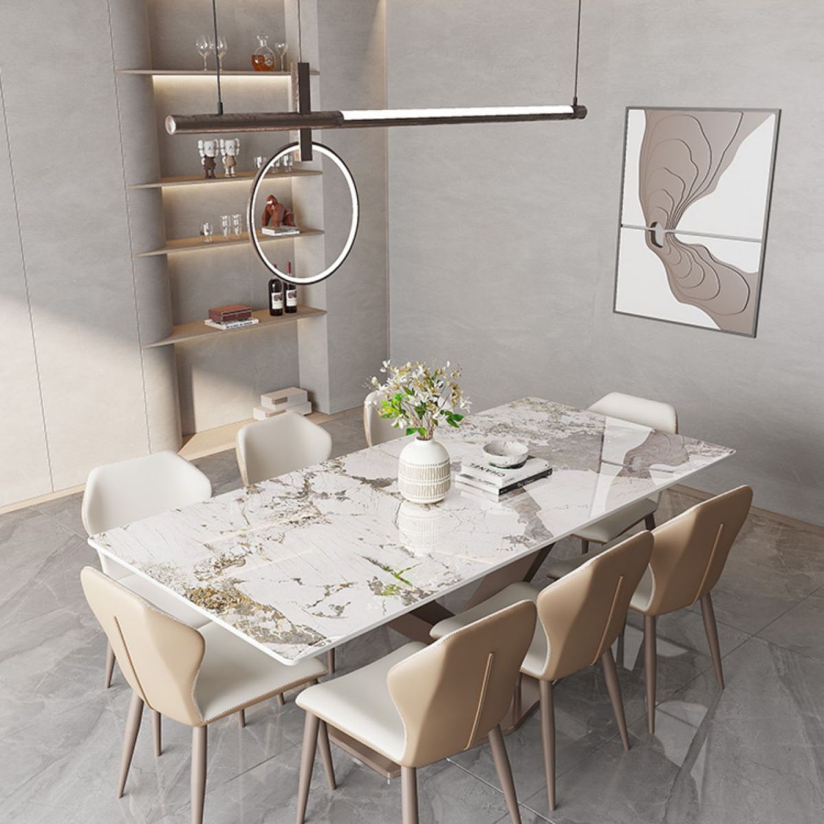 Modern 1/2/5/7/9 Pieces Silver Dinette Set with Sintered Stone Rectangle Dining Table Set