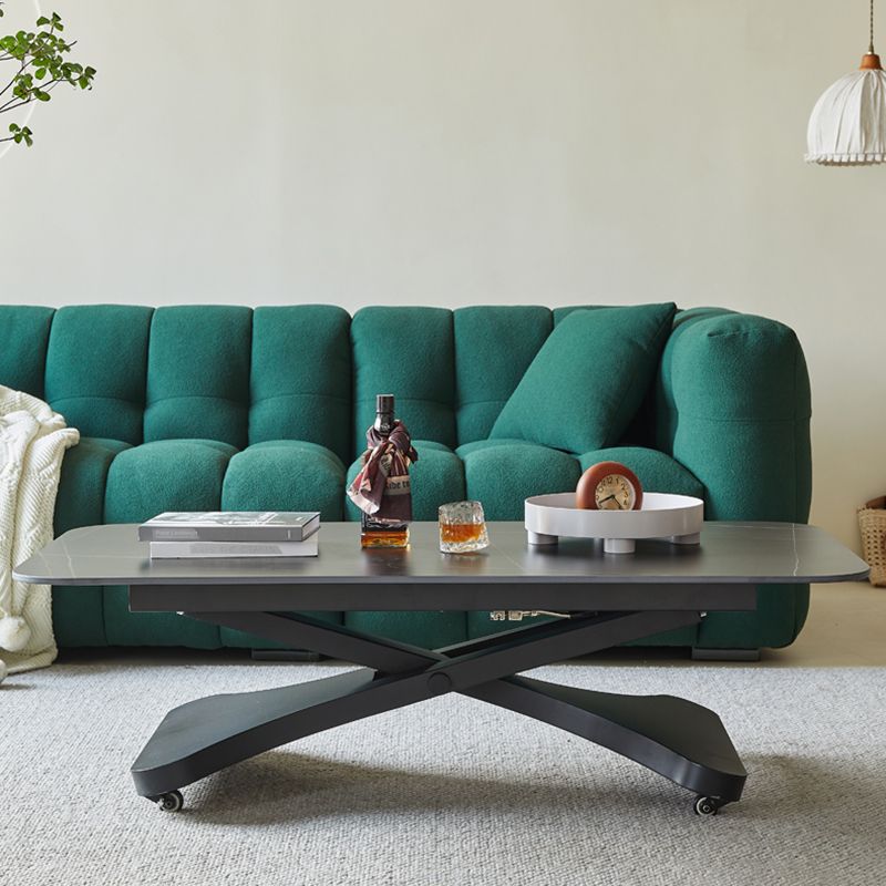 17.7"H Modern Adjustable Metal Cross Base Slate Square Coffee Table on Wheels