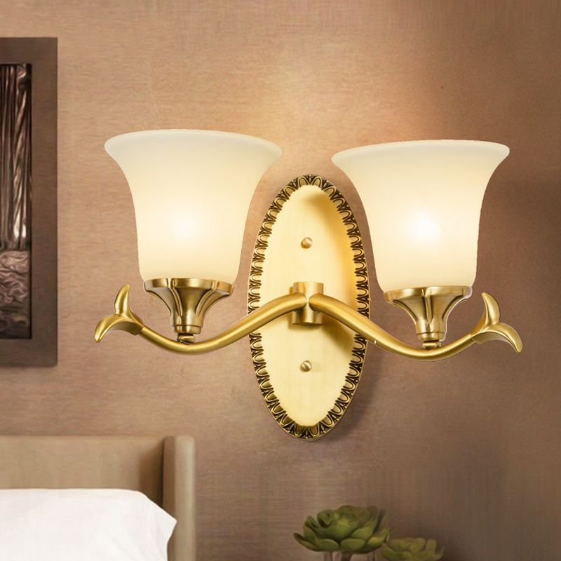 Countryside Bell Wall Lighting 1/2-Light Cream Glass Wall Mounted Lamp with Oval Backplate in Brass