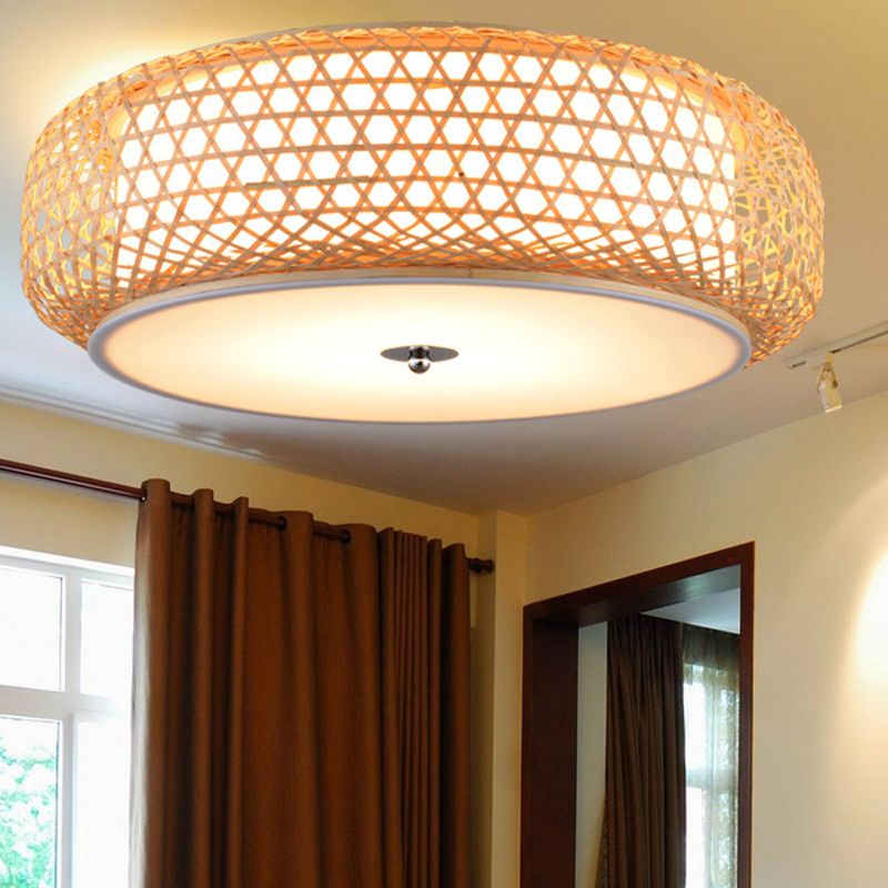 Wood Cylinder/Donut Flush Mount Lamp Traditionary Bamboo LED Ceiling Mounted Light for Living Room