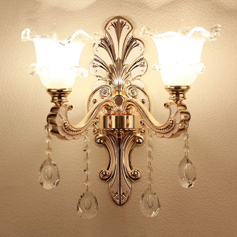 Silver Finish Wall Light Vintage Frosted Glass Blossom Sconce Lighting with Crystal Deco