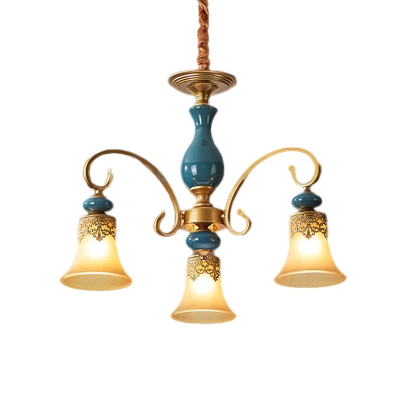 3/5/6-Bulb Suspension Pendant Light Countryside Swooping Arm Metal Chandelier in Brass with Bell Milk Glass Shade