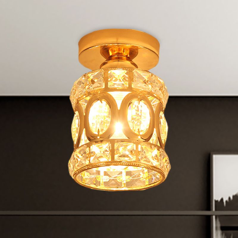 Gold Cylindrical Flush Light Modern Cut Crystal 1 Light Corridor Flush Mount Recessed Lighting