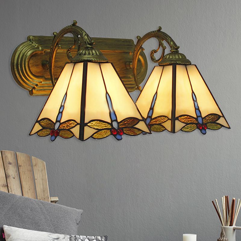 Lodge Wall Sconce Light with Dragonfly Pattern 2 Heads Stained Glass Wall Mount Light in Black/Bronze