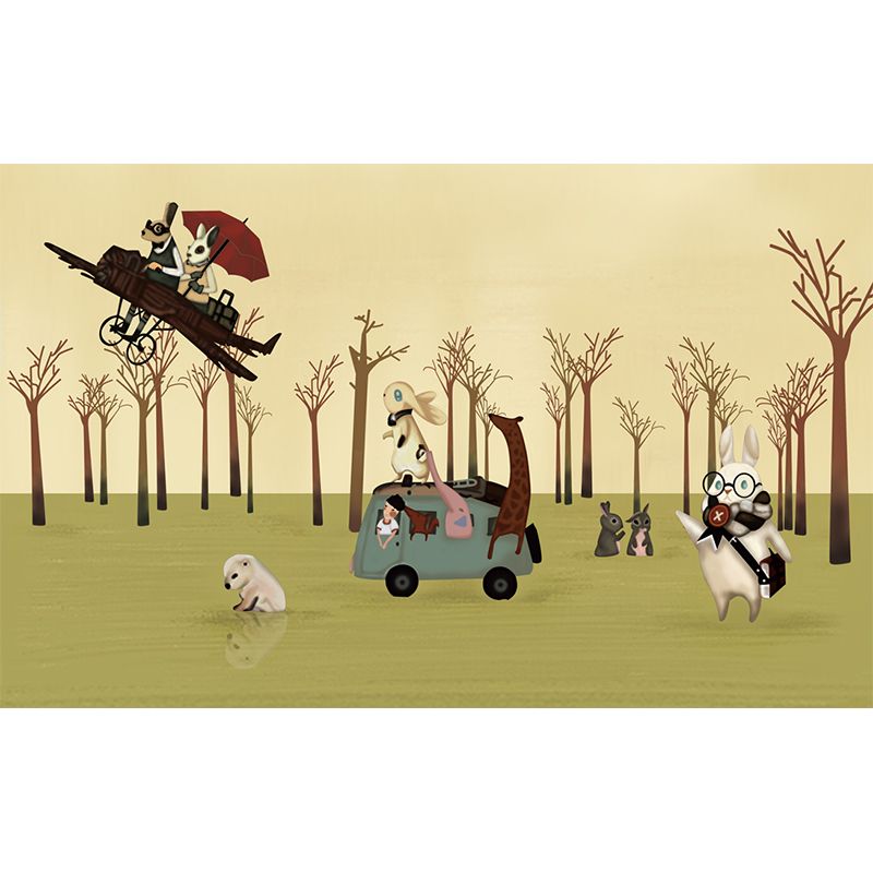 Non-Woven Decorative Mural Decal Wild Animal with Vehicles in the Forest Wall Covering